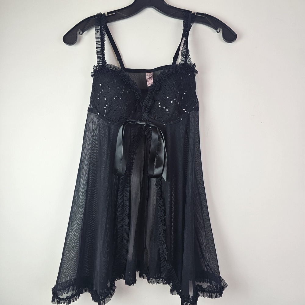 Victoria's Secret Sexy Little Thing Babydoll 36C Sheer Black Ruffle Push Up Open
